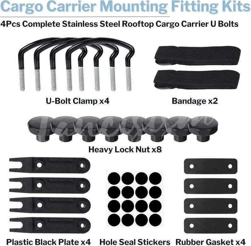 Lancisism 4 Pcs Roof Box U-Bolt Clamps, Upgraded Rooftop Cargo Carrier Rack Bolts, Car Van Mounting Fitting Kit 85mm Inner Width Metal U-Bracket Clips w/ 8 Lock Nuts 2 Straps - Image 4